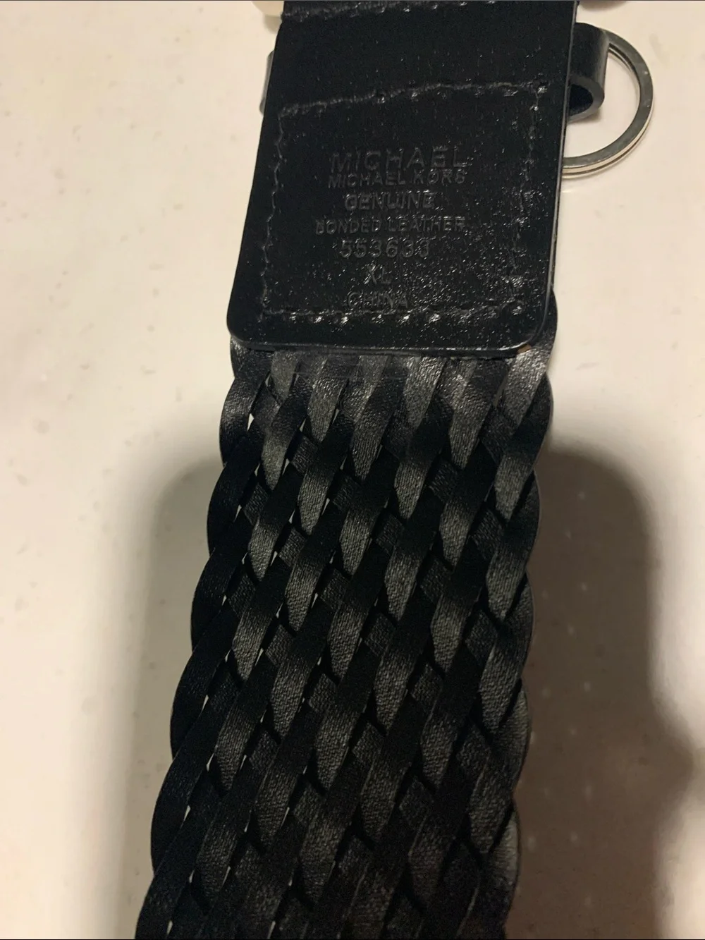 Michael Kors Black Braided Leather Belt Silver Buckle with Keychain Size XL NWOT